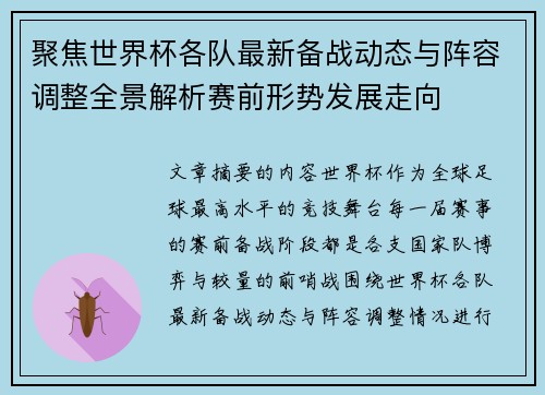 聚焦世界杯各队最新备战动态与阵容调整全景解析赛前形势发展走向