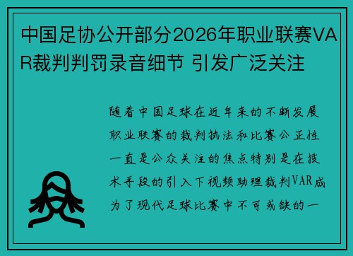 中国足协公开部分2026年职业联赛VAR裁判判罚录音细节 引发广泛关注